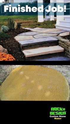 the before and after image shows how to use rocks as stepping stones in front of a house