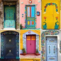 colorful doors and windows are painted in different colors, shapes and sizes with flowers on them