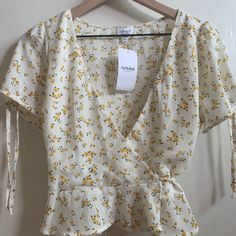 Nwt Floral Blouse From Article & Yellow Short Sleeve Blouse For Brunch, Yellow V-neck Blouse For Spring, Fitted Yellow Tops For Daytime, Yellow Summer Blouse For Brunch, Summer Yellow Blouse For Brunch, Black Sheer Blouse, Black Floral Blouse, Floral Print Tunic, Mock Neck Blouse