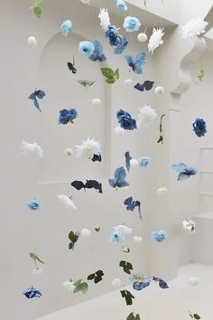 blue and white flowers are floating in the air