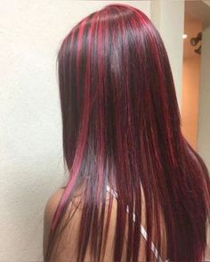 Small Red Highlights In Brown Hair, Red Highlights With Money Piece, Chunk Red Highlights, Chunky Red Highlights On Brown Hair, Red Wine Highlights On Brown Hair, Fire Truck Red Hair, Red Hilights In Brown Hair Brunettes, Cherry Red Hair On Brown Hair, Deep Cherry Red Hair Highlights