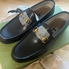 Brand New With Original Packaging Gucci Black Dress Shoes With Branded Insole, Gucci Luxury Black Dress Shoes, Luxury Black Gucci Dress Shoes, Gucci Black Luxury Dress Shoes, Classic Black Loafers With Horsebit Detail, Black Calf Leather Loafers With Horsebit Detail, Gucci Luxury Formal Loafers, Luxury Black Gucci Loafers, Gucci Leather Tassel Loafers Slip-on