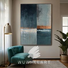 a living room with a blue chair and large painting on the wall