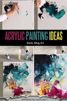 four different images of acrylic paintings with text overlay