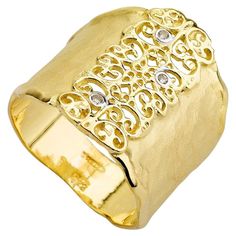 14 Karat Yellow Gold Hand-Crafted Matte and Hammer-Finish Scallop-Edged Filigree Ring, Accented with 0.03 Carats of Bezel Set Diamonds. Filigree Ring Gold, Amber Ring, Bezel Set Diamond, Silver Jewelry Rings, Unisex Ring, Gold Filigree, Diamond Rings Bands, Filigree Ring, Gold Hands