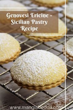 some cookies are cooling on a rack with the words genovei fricine sicilian pastry recipe