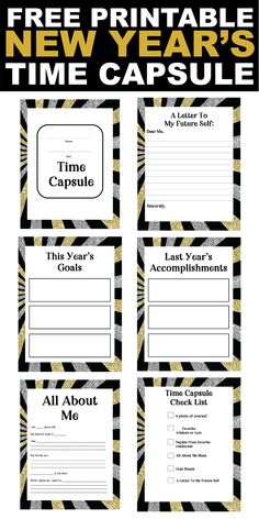 the new year's time capsule is shown in black and white with gold accents