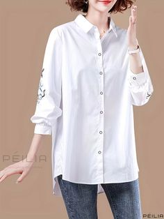 Peilia - Elegant Womens 3/4 Sleeve Oversized Button-Up Shirt: Perfect for Spring & Fall Fashion White Half Sleeve Blouse With Buttons, White Blouse With Roll-up Sleeves For Spring, White Oversized Half-sleeve Blouse, White Oversized Half Sleeve Blouse, Oversized White Half Sleeve Blouse, White 3/4 Sleeve Top With Button Closure, White Shirt With 3/4 Sleeves And Button Closure, Fall Care, Elegant Fabric