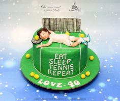 there is a cake that looks like a tennis player sleeping on top of the court