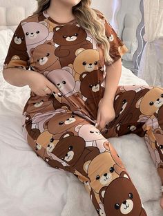 Style:Cute \nColor:Multicolor \nPattern Type:Cartoon \nType:Pant Sets \nSleeve Type:Regular Sleeve \nSleeve Length:Short Sleeve \nFit Type:Regular Fit \nNumber of Pieces:2 Piece Set \nNeckline:Round Neck \nFestivals:Back-to-School \nFabric:Slight Stretch \nCare Instructions:Machine wash, do not dry clean,wash with the soft detergent \nSheer:No \n Plus Size Pajamas, Pant Sets, Cute Bear, Bear Print, Cute Bears, Printed Shorts, Pajama Set, 2 Piece, Pants Set