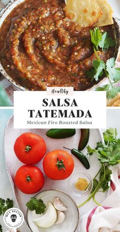 salsa and tortilla sauce with tomatoes, green peppers, cilantro, garlic bread on the side