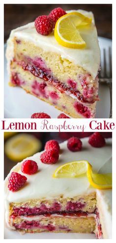 lemon raspberry cake with white frosting and fresh raspberries on top