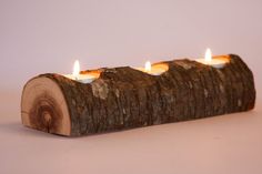 three lit candles sitting on top of a piece of tree trunk that has been cut in half