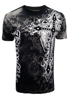 "Konflic Giant Cross Shield with Wings All Over Graphic Men's T Shirt Made in USA, Wash Cold Water, Dry Low, Do Not Bleach, Do Not Iron. High Quality Silk Screen Print (Not a Heat Press) Color Black / White 100% Cotton Size : S - 18 \"Armpit to Armpit & 26 \" From Neck To Bottom Size : M - 19.5 \" Armpit to Armpit & 29 \" From Neck To Bottom Size : L - 21.5 \" Armpit to Armpit & 31\" From Neck To Bottom Size : XL - 23.5 \" Armpit to Armpit & 31.5 \" From Neck To Bottom Size : 2XL - 25.5 \" Armpi Shield With Wings, Muscle T Shirts, Black Clothing, Silk Screen Printing, Silk Screen, Branded T Shirts, Neck T Shirt, Graphic Tee, Print Quality