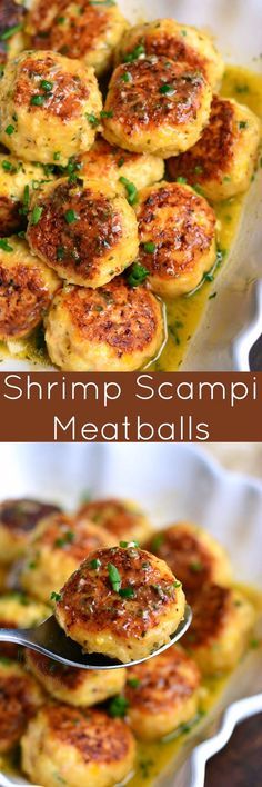 shrimp scampi meatballs in a white dish with a spoon on the side