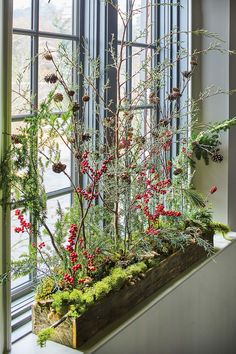 a window sill filled with lots of plants