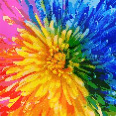 a colorful flower with lots of drops of water on it's petals, as well as the colors of the rainbow