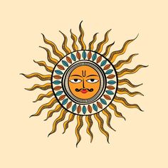 the sun with an ornate face is depicted on a beige and yellow background, as if it were painted in native american style