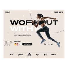 a woman running with the words work out with it in front of her and an image of