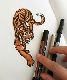 someone is drawing a tiger on paper with markers