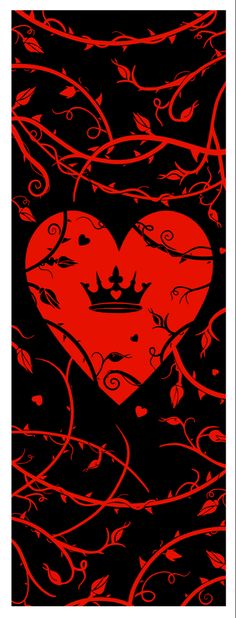 a red heart with a crown on it surrounded by vines and leaves, against a black background