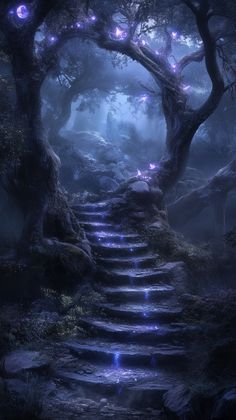 a set of steps leading up to a tree with glowing lights in the forest at night