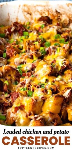 loaded chicken and potato casserole in a baking dish