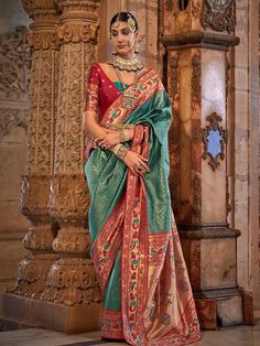 Wedding Wear Sea Green Woven Banarasi Silk Saree - VJV Now Concept Saree, Red Silk Blouse, Wedding Wear Saree, Cyan Colour, Teal Green Color, Green Saree, Silk Wedding, Wear Saree, Work Sarees