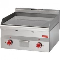 a stainless steel counter top grill with two burners on the front and one side