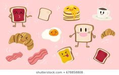 toast, eggs, bacon, bread and jam on a pink background