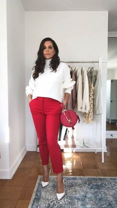 7 Easy Ways to Style a Red Suit - Olivia Jeanette Red Tailored Pants Outfit, Red White Outfits For Women, Red Pants Business Outfit, Chic Red Fitted Dress Pants, Casual Fitted Red Dress Pants, Chic Red Suits For Office, How To Style Red Pants, Red Pants Fashion, White Pumps Outfit