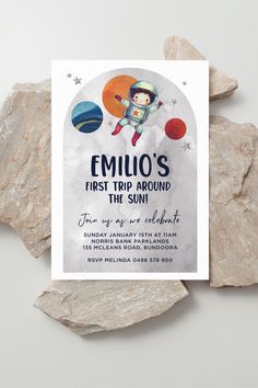 an image of a birthday card with the name emilo's first trip around the sun