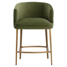 a green velvet bar stool with wooden legs and an armrest, viewed from the front