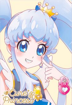 an anime character with blue hair wearing a tiara and holding a pink object in her hand