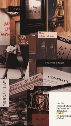 a collage of images with the words law and other things in them, including books