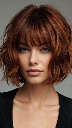 Flattering Dark Copper Side-Swept Bangs for Round Faces 🌟 Brown To Copper Balayage Short, Copper Maroon Hair, Short Auburn Hair With Bangs, Short Copper Hair With Bangs, Short Copper Hair, Dark Copper Hair, Dark Copper Hair Color, Copper Hair Dark, Hair Colour For Green Eyes