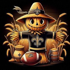 a cartoon pumpkin wearing a new orleans saints uniform and holding a football in his hand