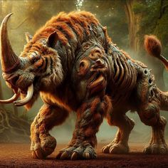 an artist's rendering of two wooly mammoths walking in the woods, with their tusks curled up