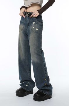 It's time to upgrade your wardrobe with this sweet pair of wide-legged faded jeans from nightcity clothing. This denim is made with a star pattern, giving you a unique look that will have heads turning. Whether you’re rocking a casual day look or going out for the evening, these jeans pairs perfectly with any top and shoes - from sneakers to sandals. Get your hands on the star-studded look that will take you anywhere this season.Gender: WomenMaterial: Denim, PolyesterClothing Length: Full Length Side Zip Pants, Straight Fit Pants, Striped Wide Leg Pants, Jean Large, Coffee Sizes, Lightweight Pants, Faded Jeans, Star Jeans, Navy And Brown