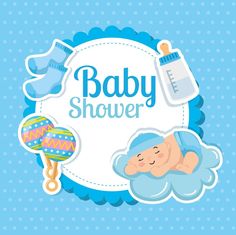 a baby shower card with an infant sleeping on top of a cloud and rattler