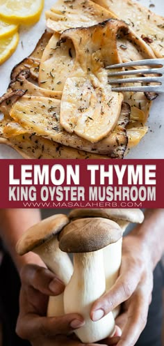 lemon thyme king oyster mushroom recipe with text overlay