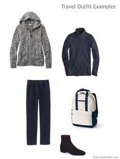 travel outfit examples for men in blue and white, including sweaters, pants, backpack