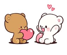 two teddy bears are holding hearts on a pink background and one bear is hugging the other