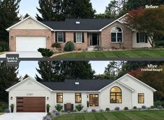 the before and after pictures of a house with two garages on either side of it