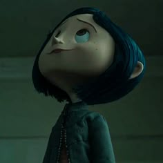 an animated doll with blue hair and bangs standing in a dark room, looking up at the sky