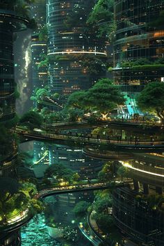 a futuristic city at night with skyscrapers lit up and people walking on the bridge