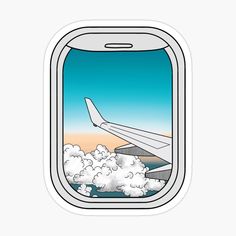 an airplane window with clouds in the foreground and blue sky behind it sticker