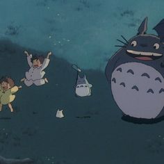 an animated scene with children playing in the grass and totoro flying over them