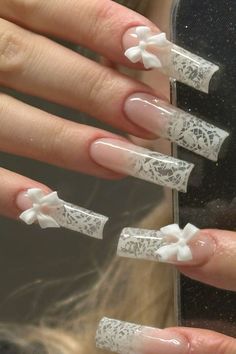 Nail Inspo Long Square, Lacy Nails, Nail Inspo Long, White Lace Nails, Stylish Nail Art, Dior Nails, Nail Art Idea, Lace Nail Art, Elegant Nail