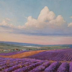 a painting of lavender fields with clouds in the background